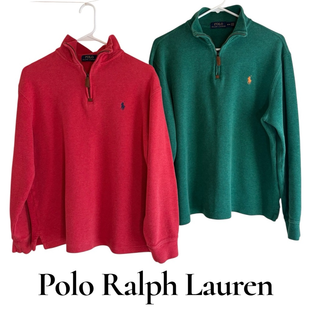 Polo by Ralph Lauren Lot of 2 Men's Red & Green Quarter-Zip Pullovers. EUC!